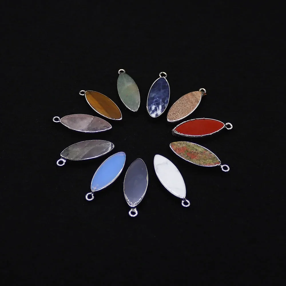 Classic Light Luxury Natural Stone Polished Marquise Shaped Silver-Plated Wrapped Edge Single Hole Pendant DIY Accessory Making