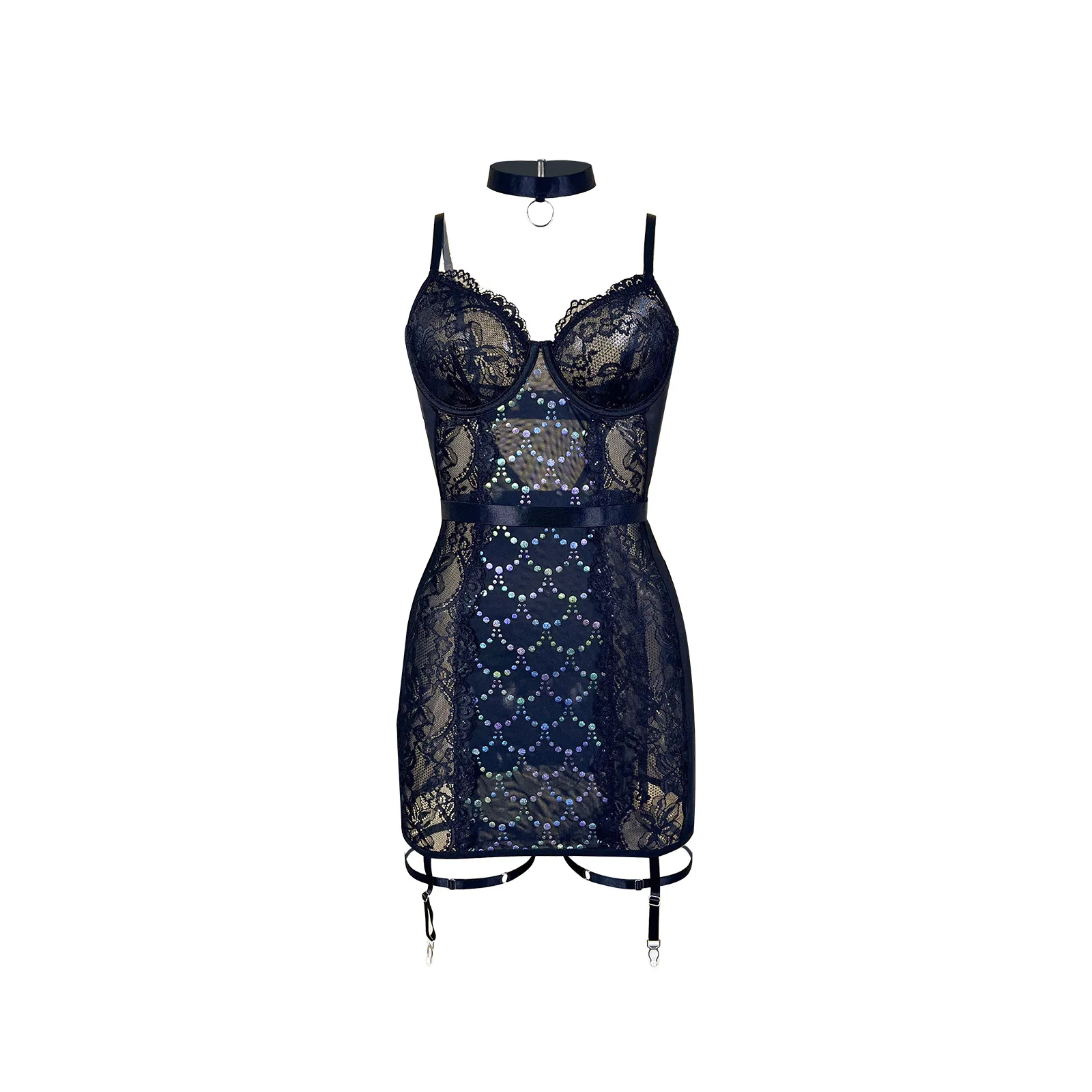 

Spicy Girl Style Lace Shinestone Nightdress See-through Mesh Waist-cinching Strapless Bodycon Dress Elegant Pure Desire F5LW