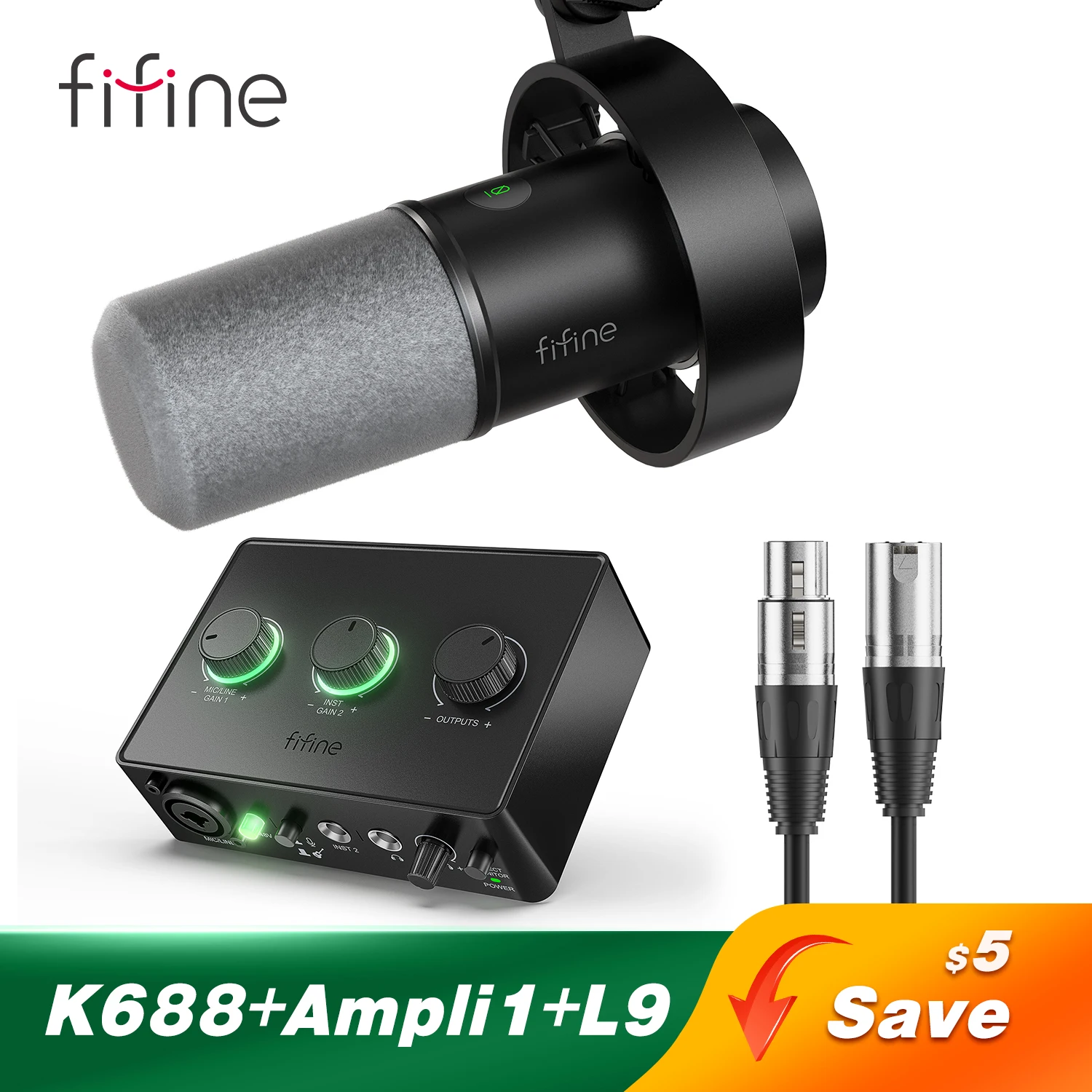 FIFINE Podcast Microphone Audio Mixer Headset kit with Boom Arm for PC,Recording Studio Microphone for Youtube-K688/H8/Ampli1