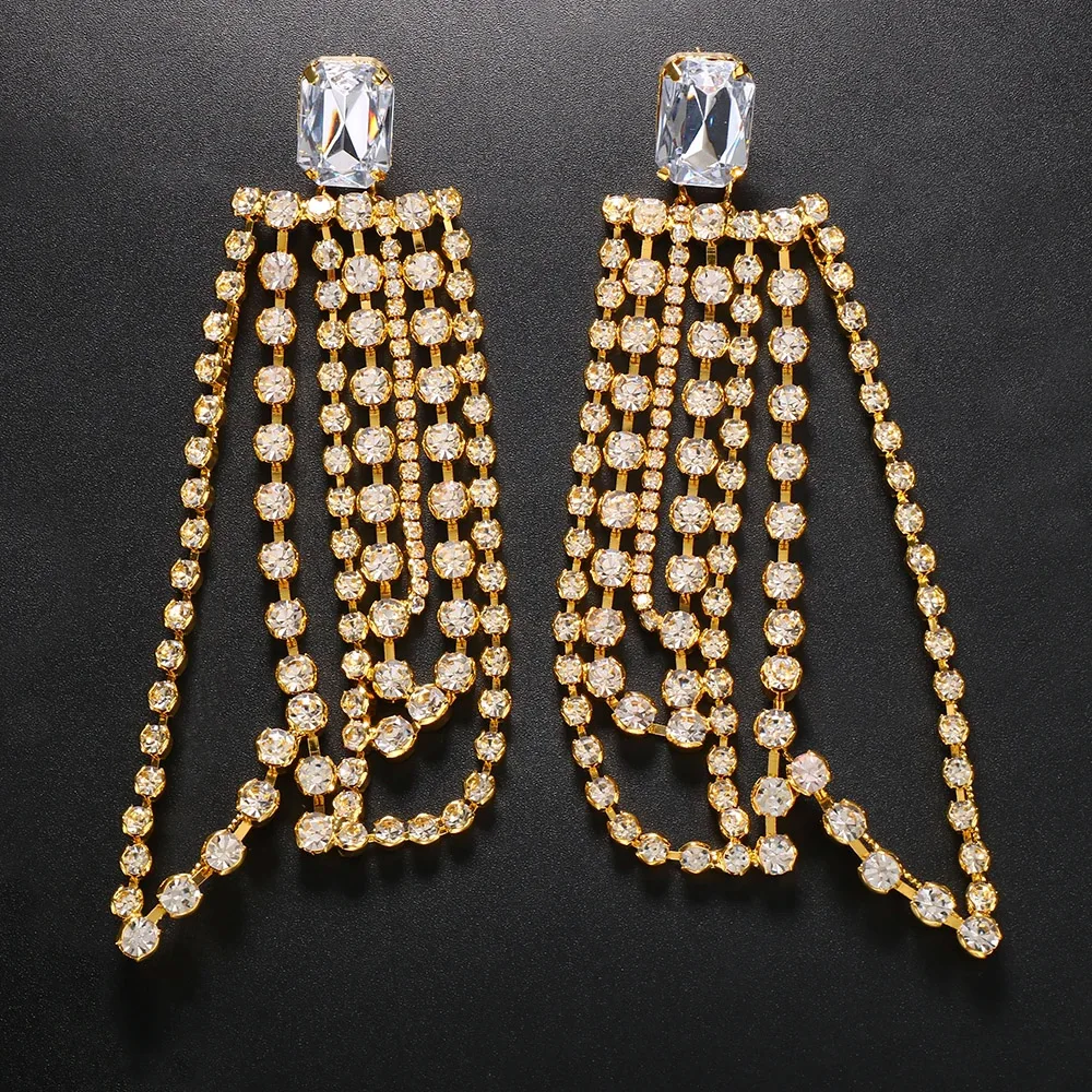 Bridal Tassel Exaggerated Earrings for Women Wedding Accessories Fringe Rhinestone Big Dangle Earrings Fashion Brincos Jewelry