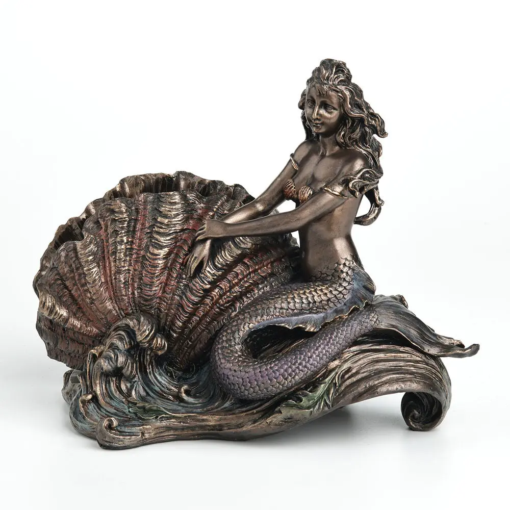 Bronze Finish Mermaid Napkin Holder Leaning On Giant Conch Shell Figurine Resin Statue Ocean Wave Base Coastal Tabletop Decor