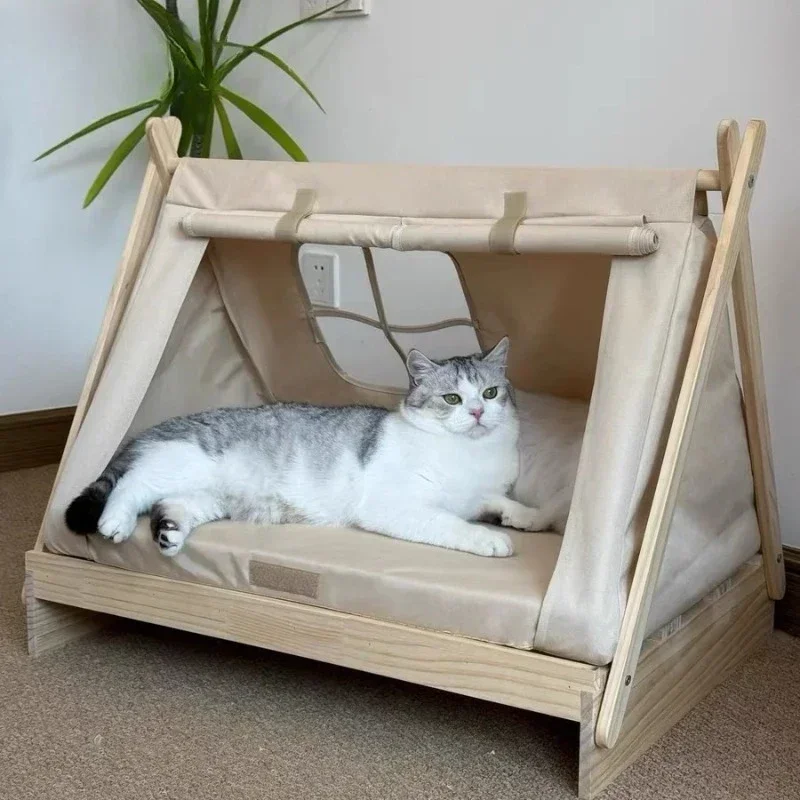 Modern Luxury Cream Plush Pet Dog Cat Sofa Bed Washable Soft Fuzzy Calming Tent Cat Bed