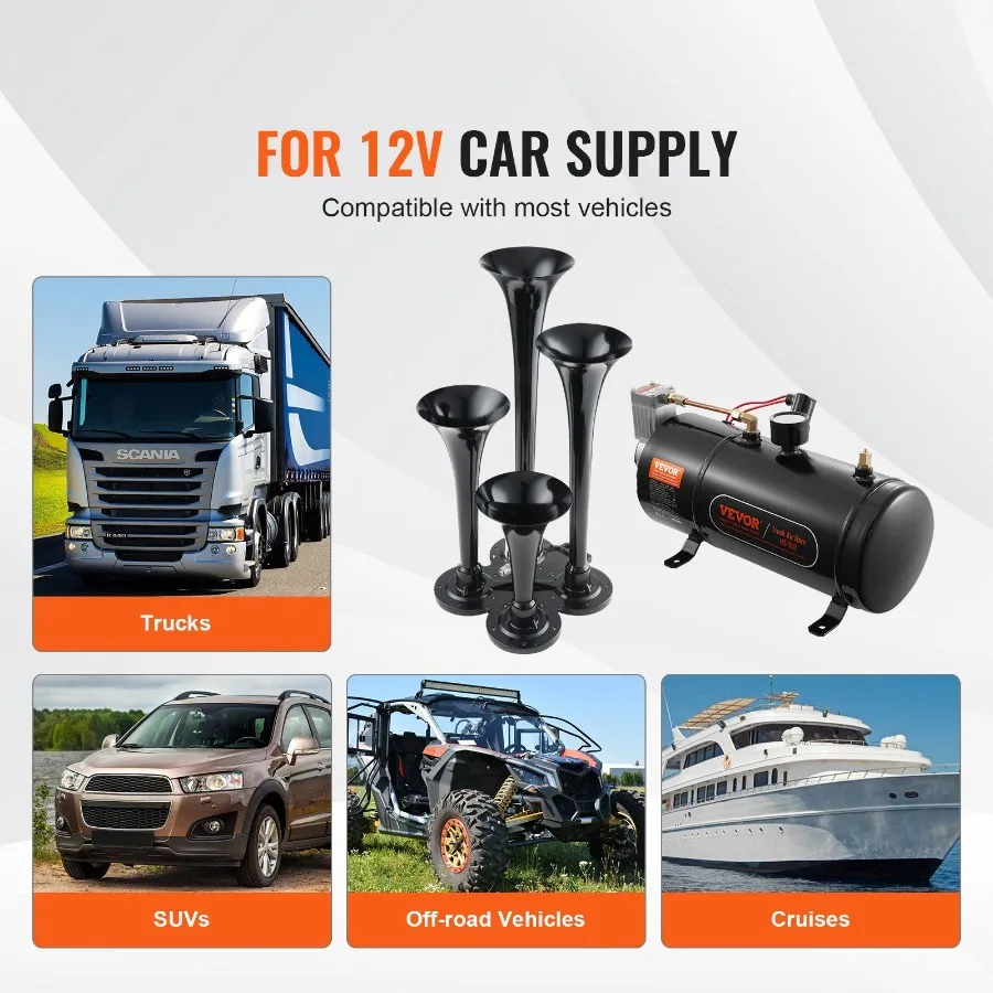 

Train Horns Kit 4 Trumpet Air Horns 150dB for Pickup Trucks 12V 120 psi Air Compressor with 0.8 Gal/3 L Tank and Gauge Compatib