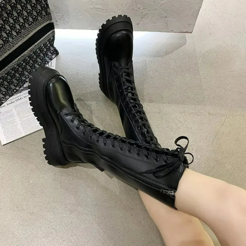 Women Motorcycle Boots PU Leather Boots Wedges Flat Shoes High Heel Zipper Black Long Boot Platform Lace Up Women's Boots 2025 - Image 2