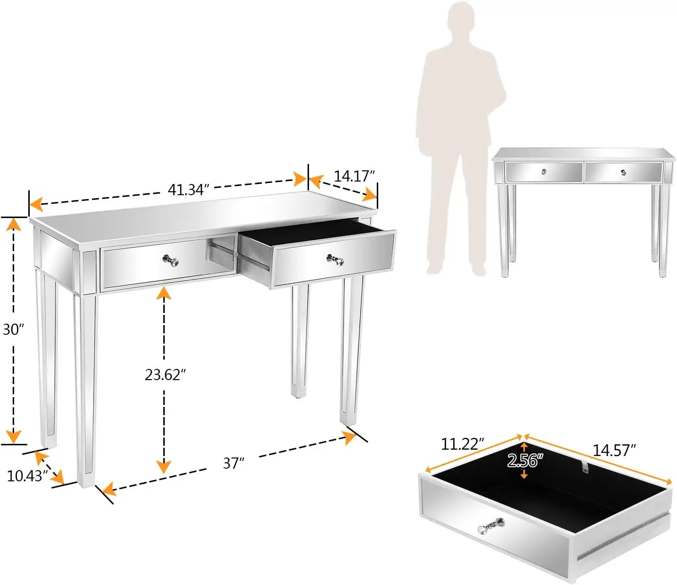 Escritorio de tocador con espejo con 2 cajones, mesa de consola con espejo/MESA de sofá/MESA de maquillaje, escritorio con espejo con cajones, consola con espejo