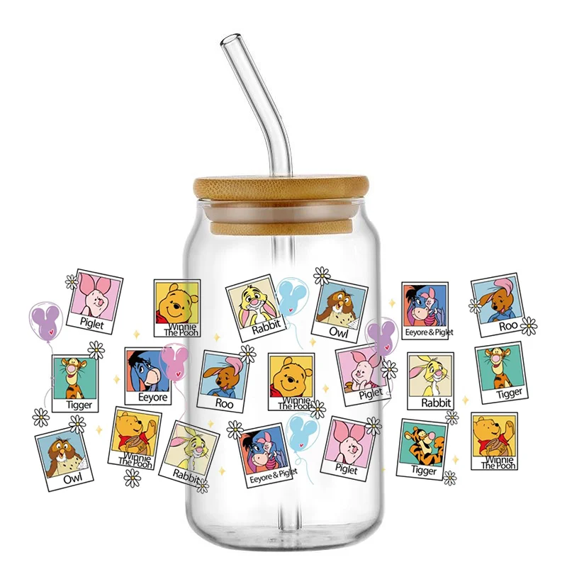 Miniso winnie bear 16oz uv dtf copo envoltório transferências dos desenhos animados libbey envoltório tumbler diy logotipo adesivo de vidro pode autoadesivo à prova dwaterproof água