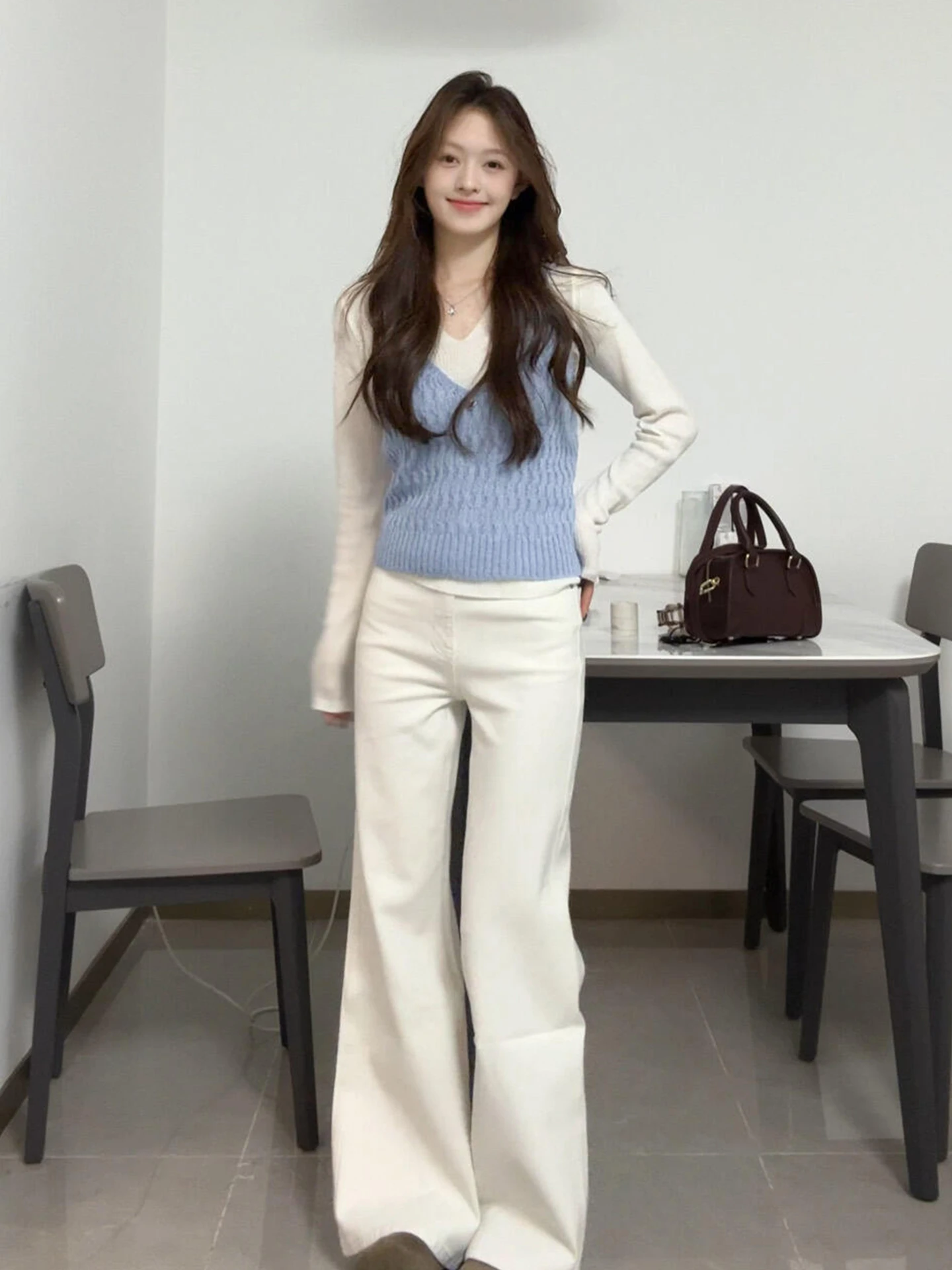 

Early Autumn Korean Sle White Long Sve Women's T-irt Vest Sweater Two-Piece Set Ele Spring Autumn New Design Sensa...
