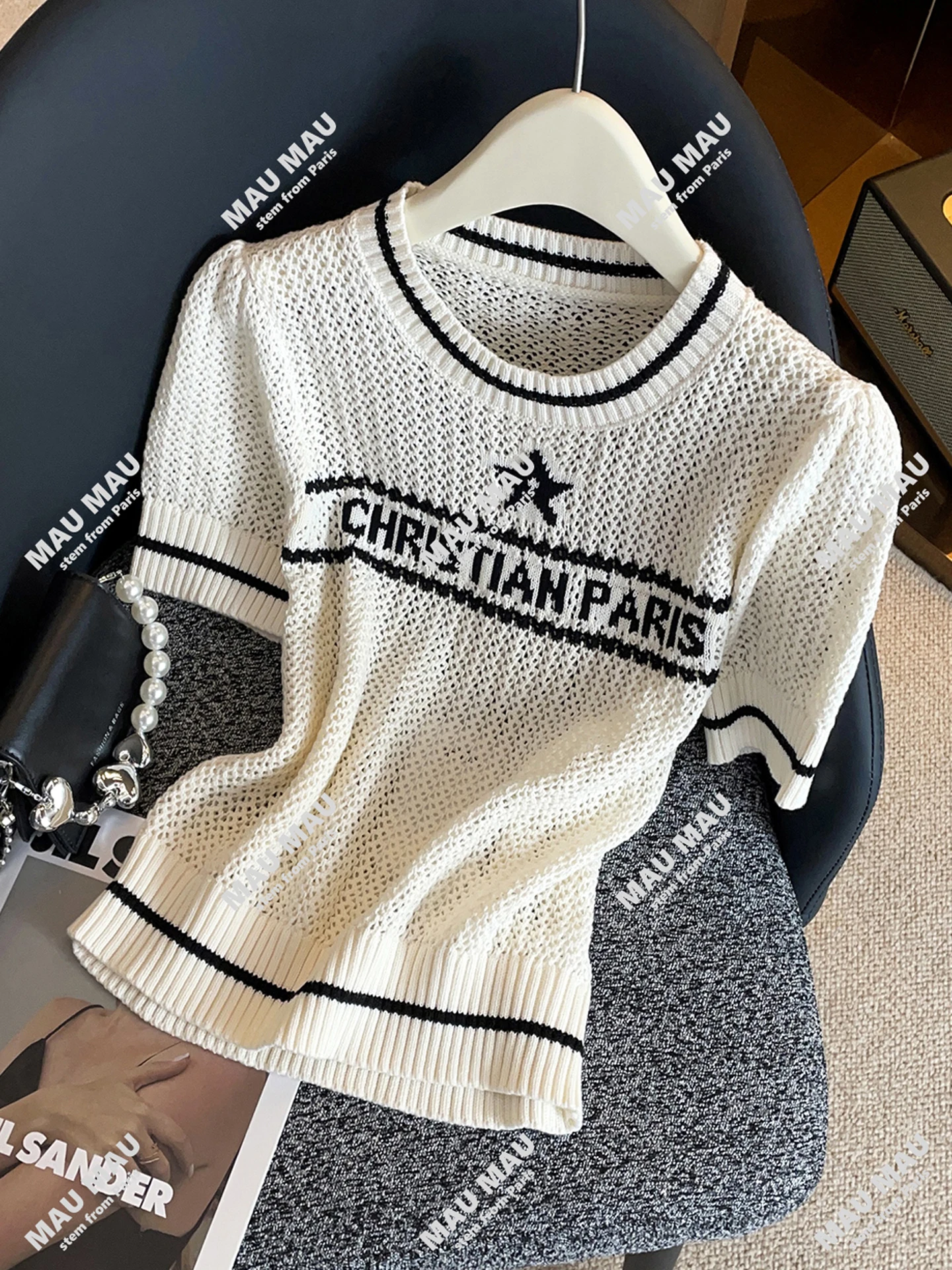 

High-End Women's Knitted T-irt Hollow out Letter Embroidery Casual Versatile Top Comfortable Breathable ort Sve round ...