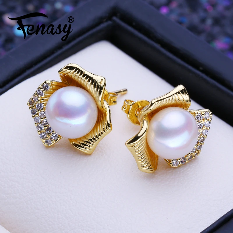 FENASY Natural Freshwater Cultured Pearl Earrings For Women Girls Friends Fashion Gold Color Heart Stud Earrings Birthday Gift