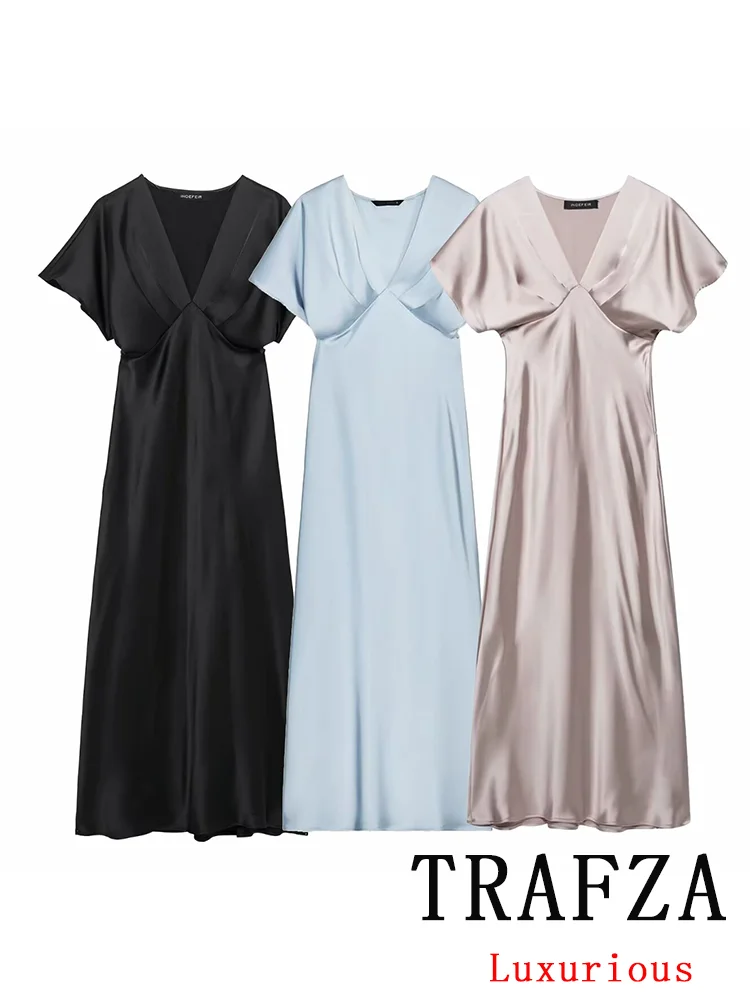 TRAFZA Vintage Chic eleganckie damskie satynowe sukienki solidny dekolt w serek plisowany z krótkim rękawem proste długie Vestidos moda 2025 letnia sukienka
