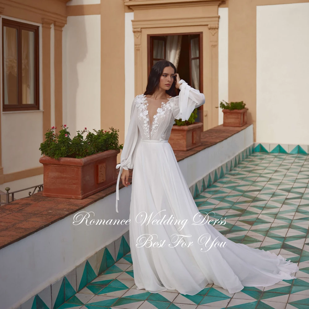 Modern Lace Pleat V-Neck A-Line Wedding Dress Women 2026 Long Sleeves Appliques Chiffon Open Back Vestidos De Novia Customized