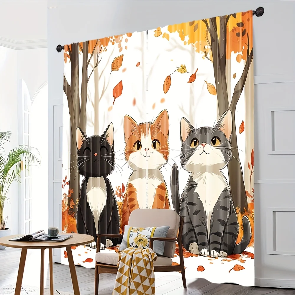 Three Cats Autumn Forest Curtains, Cute Pet Print Blackout Drapes for Living Room, Fall Season Home Decor