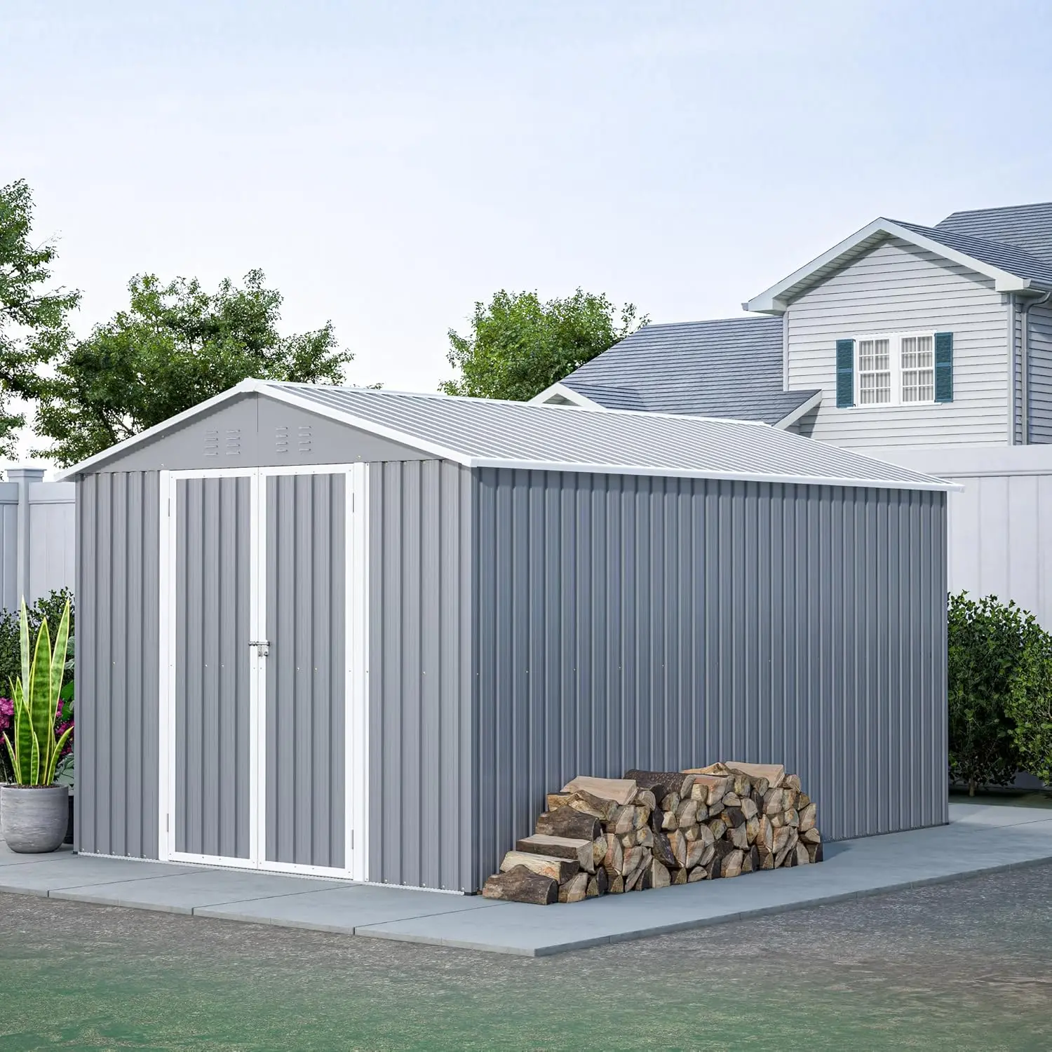 Outdoor Storage Shed 8x12 FT with Lockable Doors Utility Tool Shed Metal Storage Garden Shed W/Floor Frame and 2 Vents