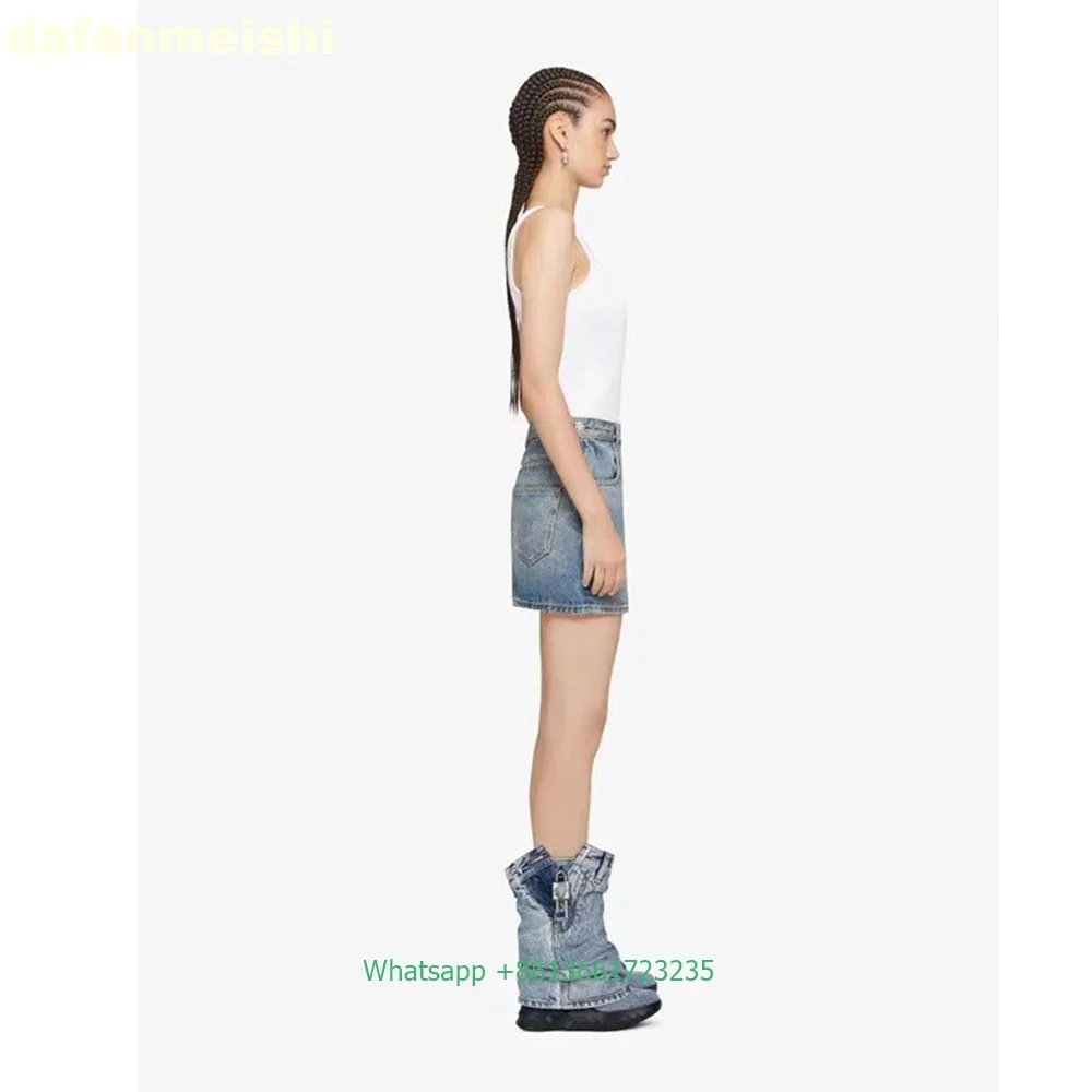 2025 New Thick Bottom Shark Boots Round Toe Wedge Black Denim Metal Lock Mid-Calf Boots Side Zipper Large Size Trouser Boots