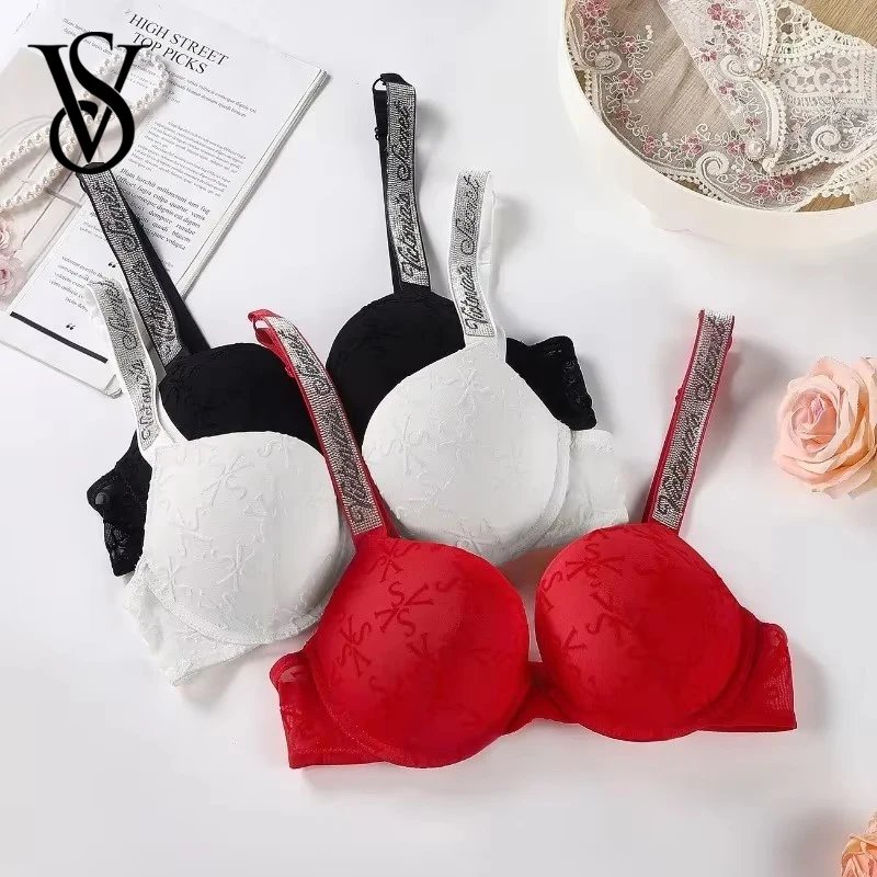 Victoria's Secret Lingerie Set Heart Pattern Trim Stretchy Breathable underwear Set Women's Sexy Lace Bralette Bra and Panty Set
