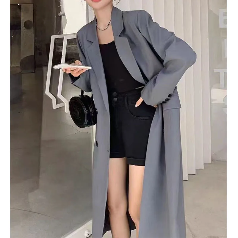 Cinza sólido harajuku casaco longo solto feminino trench primavera outono 2024 nova moda coreana popular casual acessível trench coats