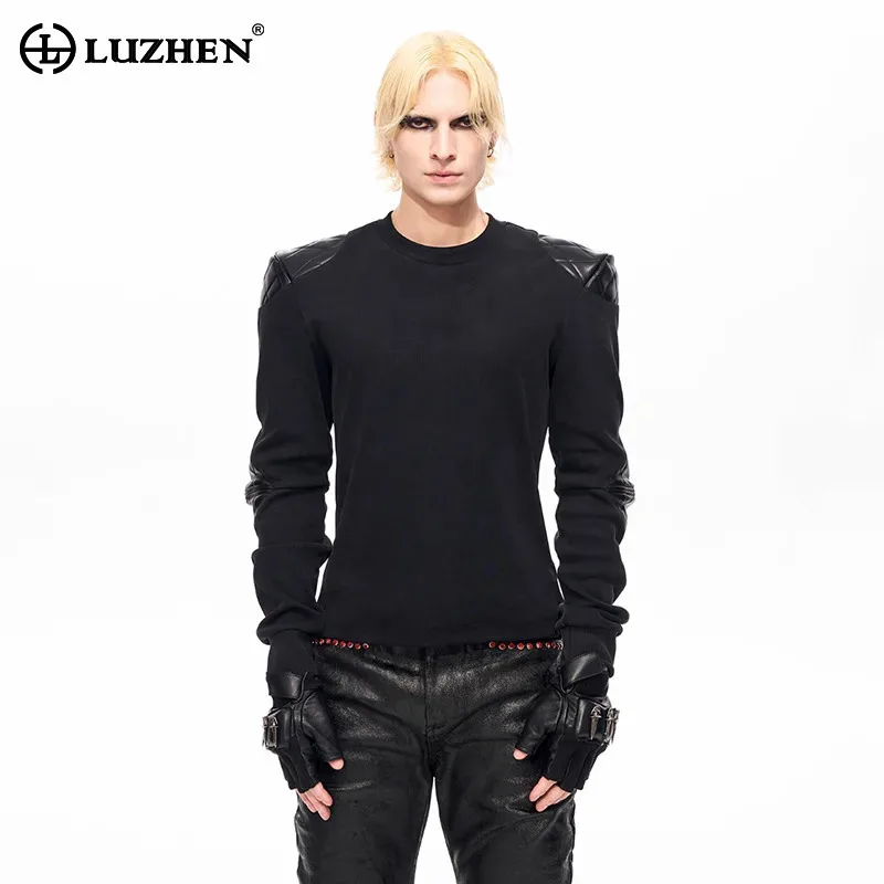 

LUZHEN 2025 зимние новые оригинальные наплечники, кожаные лоскутные футболки с длинными рукавами, мужская стильная красивая одежда JY5231