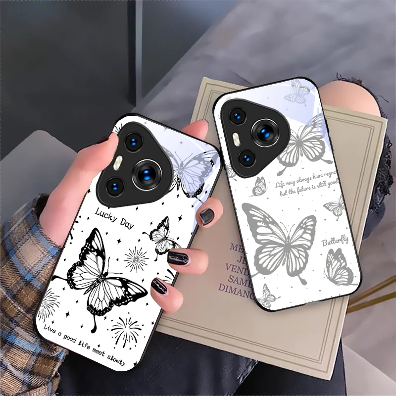 

Butterfly Black For Huawei P50 40 60 20 Pro Pura 70 Ultra P30 Lite Honor Nova 8i 10 9 SE 13 12S 5T 10 Black Glass Phone Case