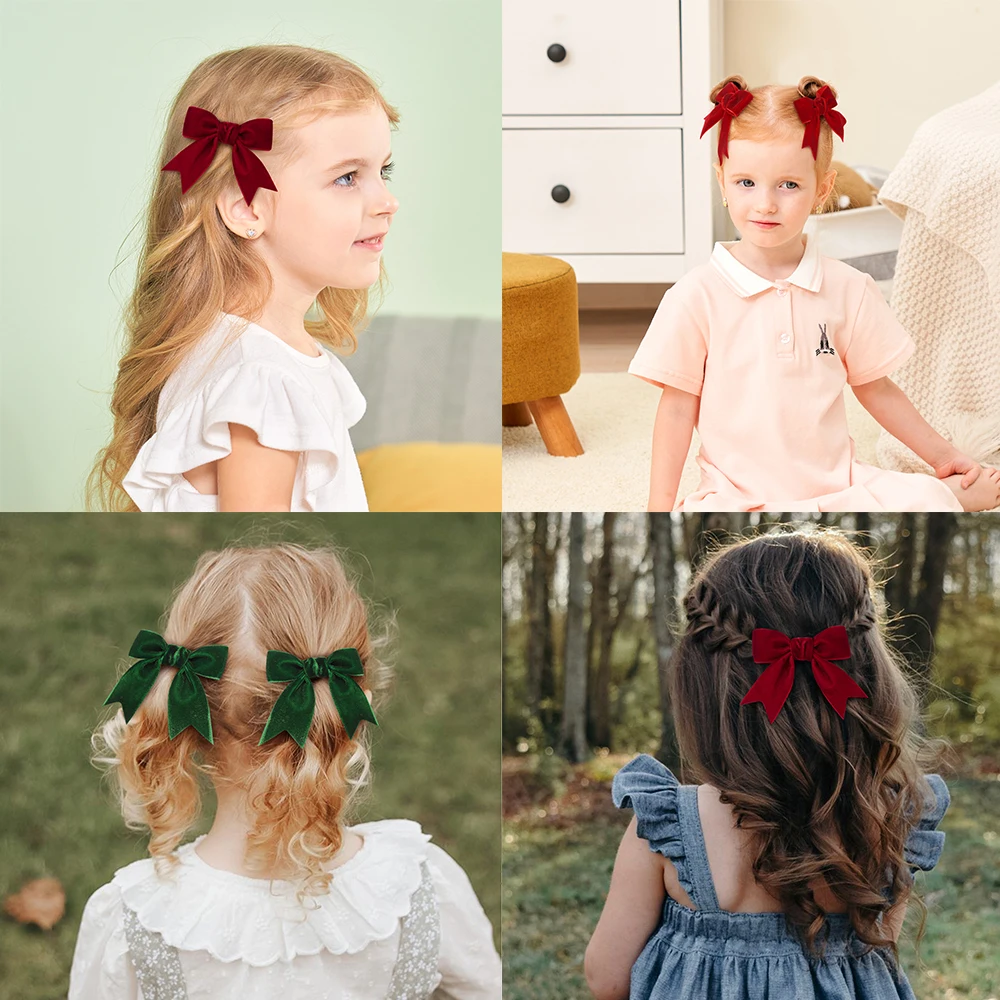 2 قطعة عيد الميلاد المخملية الشريط الانحناء مقاطع الشعر للطفل الفتيات الرجعية الأحمر الأخضر اليدوية دبوس الشعر أغطية الرأس السنة الجديدة إكسسوارات الشعر #6