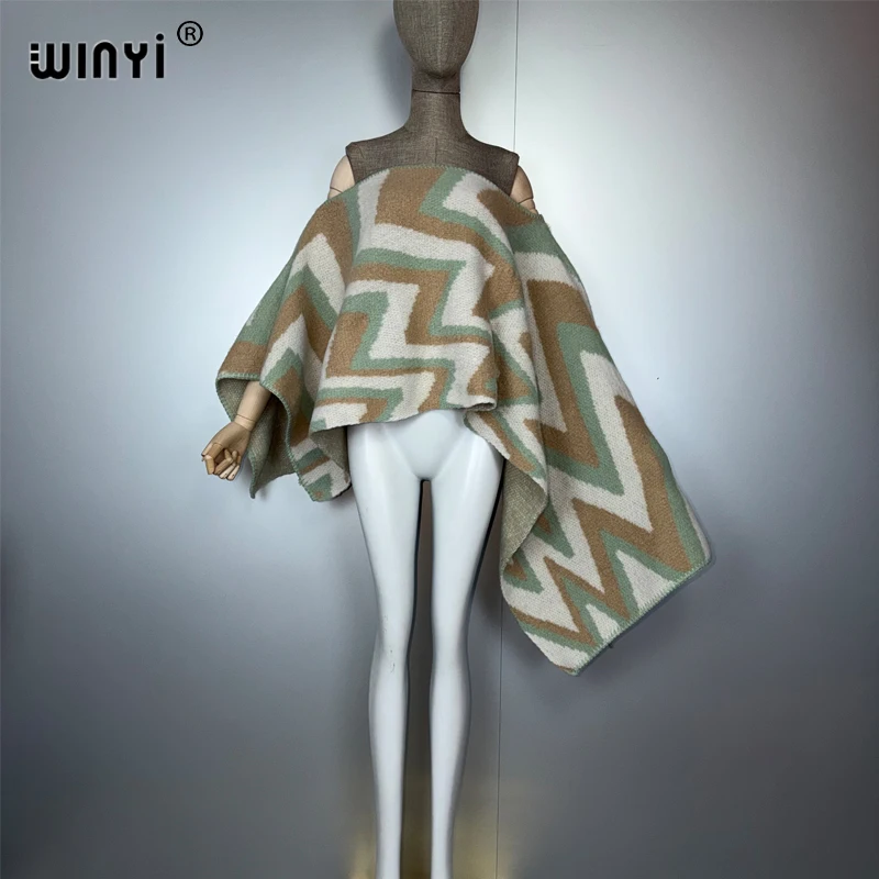 WINYI البلوز سترة كيب المرأة بلايز الخريف والشتاء برج خارجي محبوك غير النظامية كم علوي طباعة موضة المعطف عباءة #5