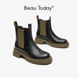 BeauToday Chelsea Boots platforma kobiety oryginalna skóra cielęca okrągły nosek gumką gruba podeszwa panie buty do kostki Handmade 04064