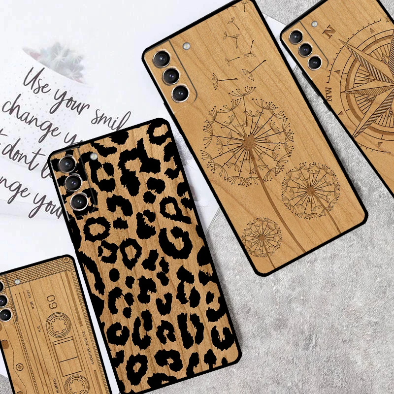 Leopard Print Compass Wood Case For Samsung Galaxy S21 S20 FE S22 S23 S24 Ultra Note 10 Plus Note 20 S8 S9 S10 Cover