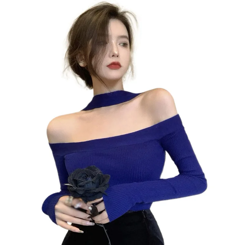 Women\'s Long Sleeve Cold Shoulder Pullovers Sweater Breathable Women\'s Halter Neck Backless Loose Sweater Tops