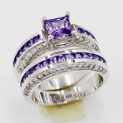 Lovers Lab Amethyst Promise Ring Set 10KT White Gold Wedding Band Rings for Women Men Jewelry Gift