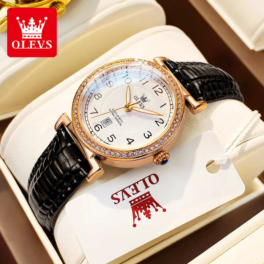 

OLEVS 5590 Women Watch Leather Strap Fashion Business Digital Waterproof Watch Luxury Diamond Simple Quartz Women Dress Watch