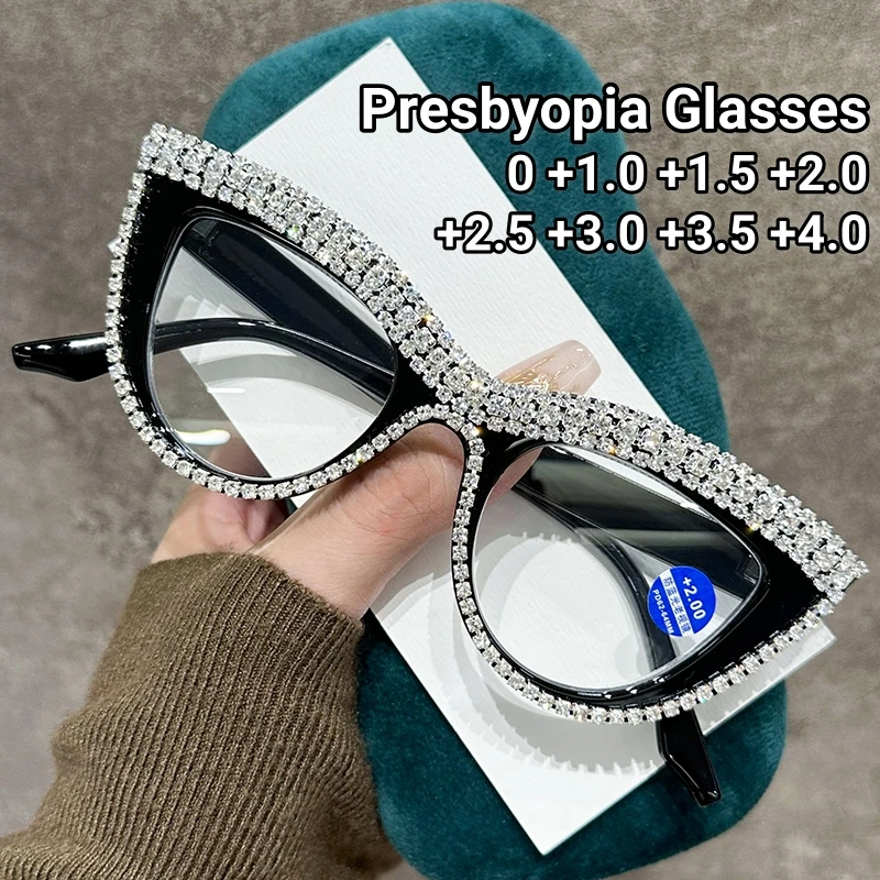 

Personalized Diamond Encrusted Reading Glasses Women Retro Cat Eye Luxury Simple Presbyopia Glasses Blue Light Blocking Glasses