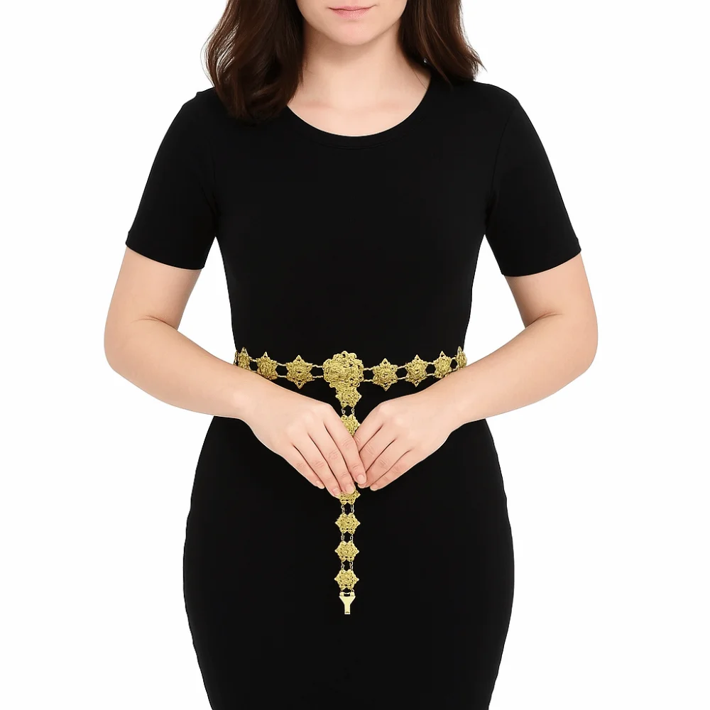 المعادن التايلاندية البطن الخصر سلاسل مجوهرات جرس الجوف خارج زهرة قلادة العرقية نمط شرابة فستان رقص حزام سلاسل