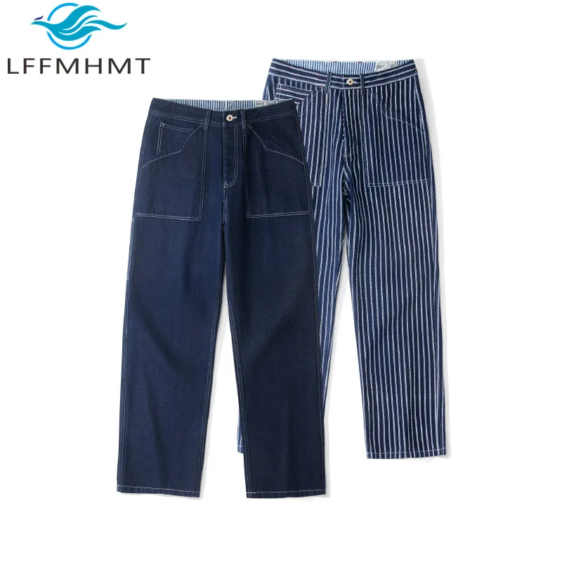 Men Amekaji Wabash Double Stripe Miner Jeans Multi Pocket Vintage Denim Pants Loose Streetwear Durable Casual Trouser