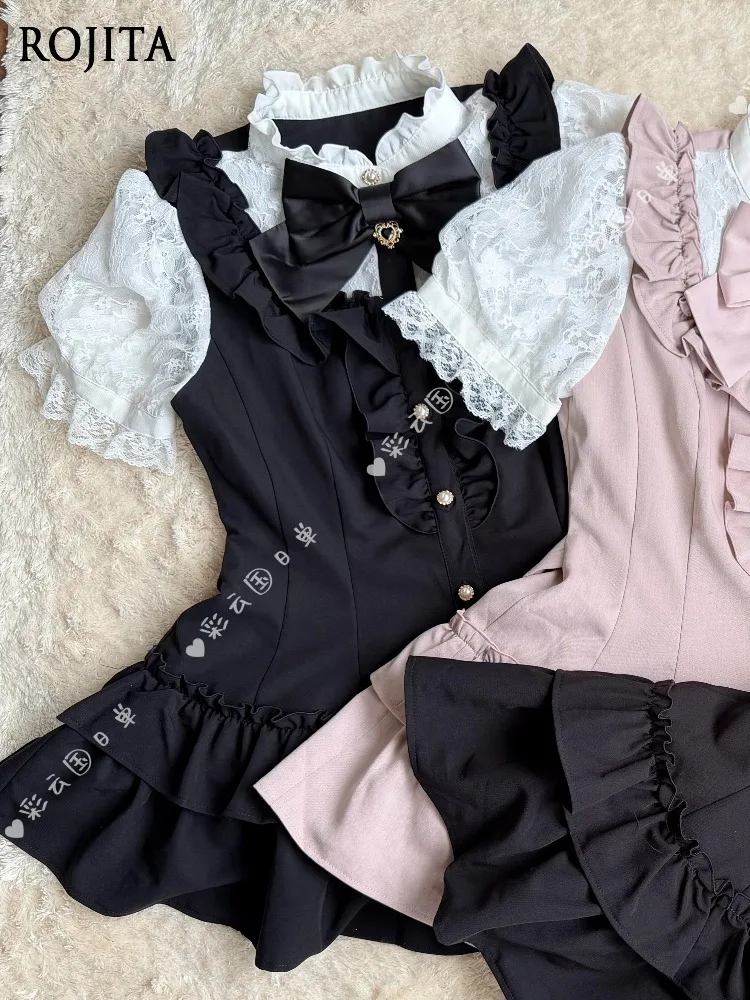 Japanese Sweet Lolita Stand Up Collar Bow Waist Lace Bubble Short Sleeved Ruffle Cake Dress Black Shorts Two Pieces Sets Women
