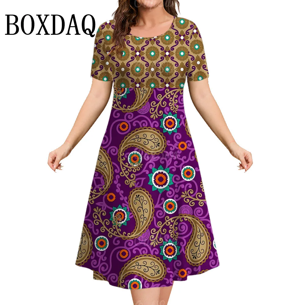 Kwiatowa sukienka Paisley letnia z krótkim rękawem luźna sukienka trapezowa damska wokół szyi 3D nadruk wzór Vintage Casual Sundress sukienka