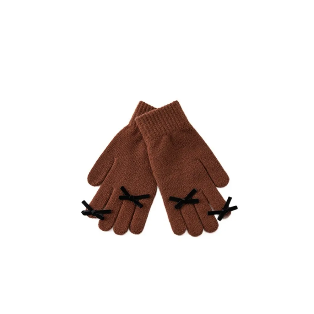 Soft Candy Color Bowknot Knitted Gloves Plush Windproof Winter Velvet Gloves Warm Wool Women Cycling Mittens Outdoor