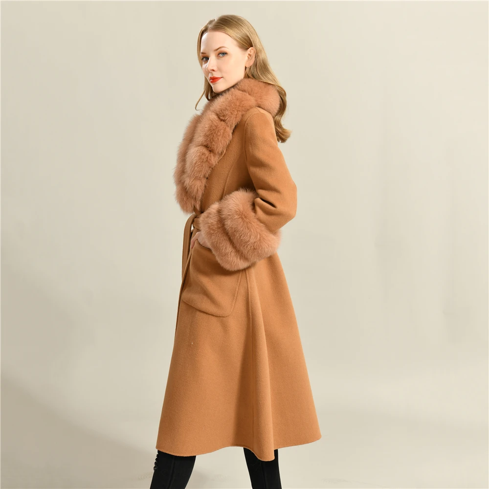 

Jaxmonoy Luxury Real Fox Fur Collar Wool Coat Ladies Fashion Skirt Hem Style Cashmere Wool Blend Coats Women Winter Coat 2025