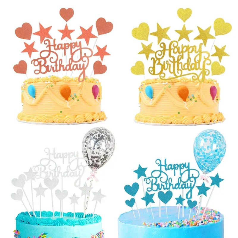 1 conjunto de glitter feliz aniversário bolo topper confetes balão coração estrela cupcake sobremesa decoração chá de bebê decoração do bolo suprimentos