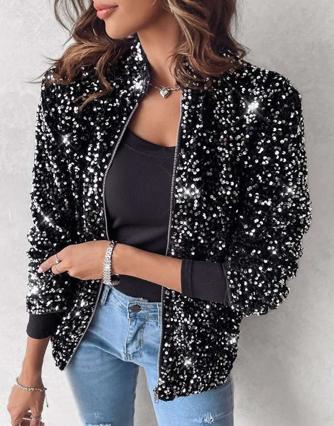 Autumn Winter Jacket for Women Short Coat Trendy Streets Stand Collar Long Sleeved Jacket Zip Sequin Jacket Woman In Outerwears