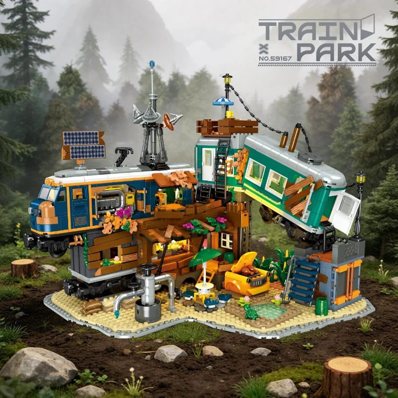 59167 Post‑Apocalyptic Train Rebuild Park Building Blocks Wilderness Street View Model With LED Light Kit Desktop Display DIY