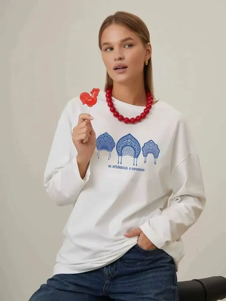 Estilo étnico russo impressão oversized t camisa feminina o pescoço manga longa solto moletom casual estilo russo moda topos 2025