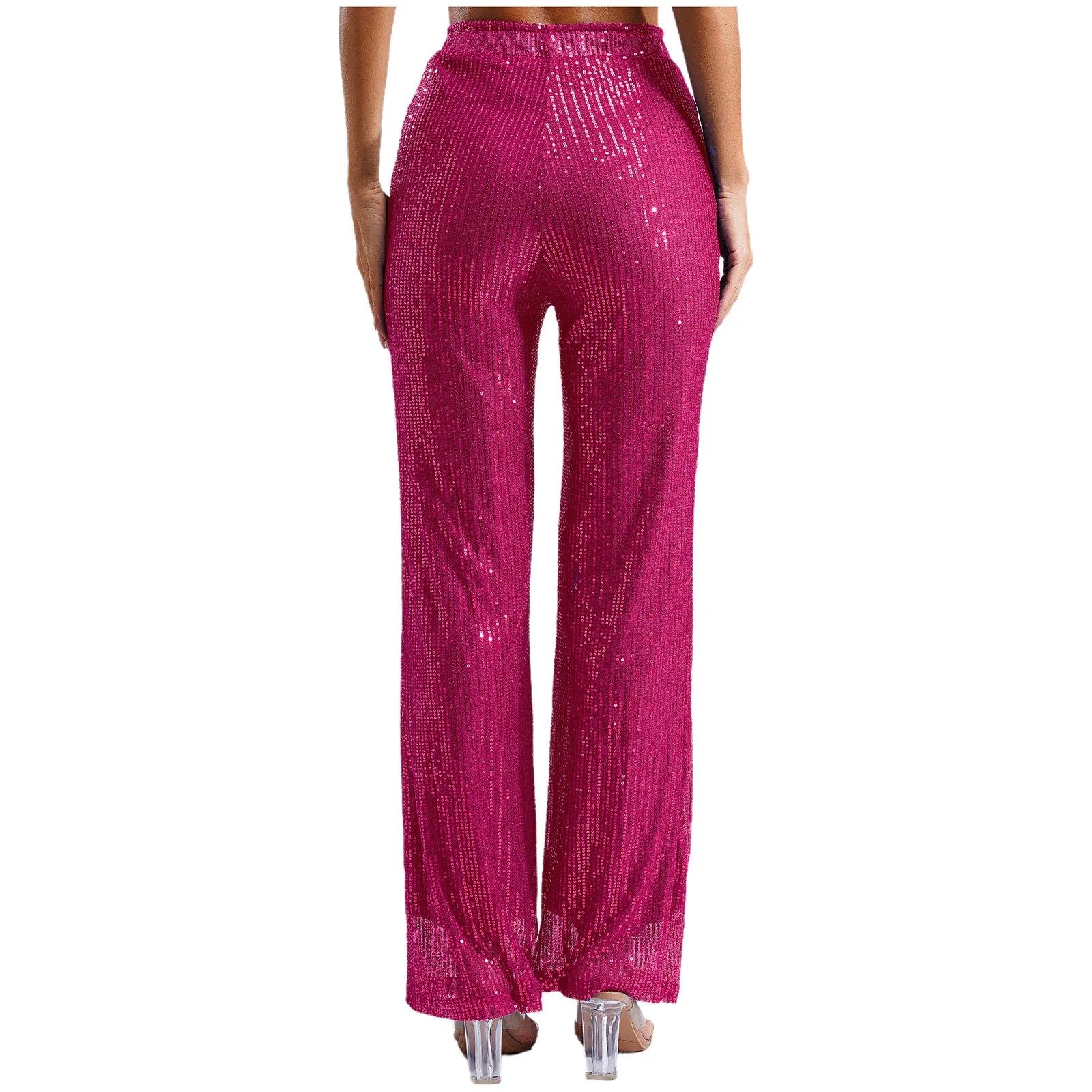 Womens Shiny Sequin Straight Wide Leg Pants Elastic Waistband Fully Lining Loose Office Pants Rave Dance Party Trousers Clubwear