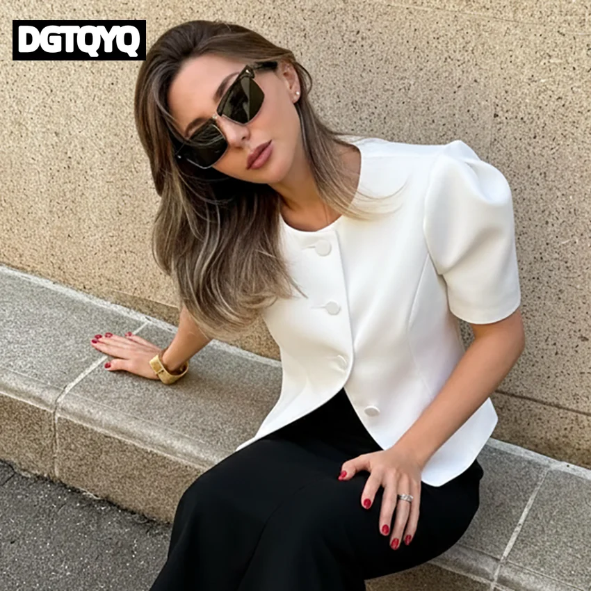 2026 Vintage White Puff Sleeve Blouse Women 2026 Spring Office Lady Single Breasted Shirts Street Chic Slim Satin O Neck Shirts