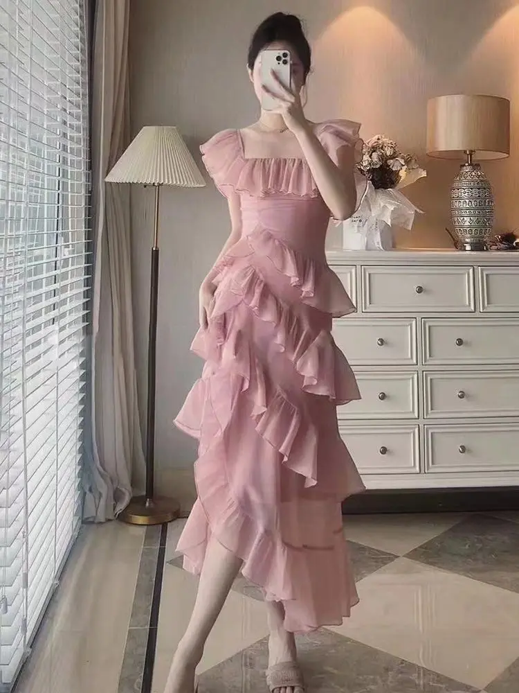 

2025New Irregular Square Neck Ruffle Dress for Women Slim Fit Waist Slimming Cake Dress Elegant Long Dress
