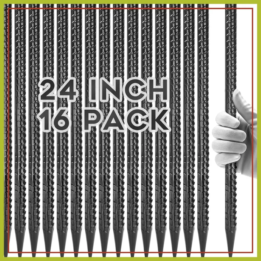 

24" Heavy Duty Steel Ground Anchors 16-Pack, Chisel Point Ends for Timber, Concrete, Plant Support, Camping Tents, Black
