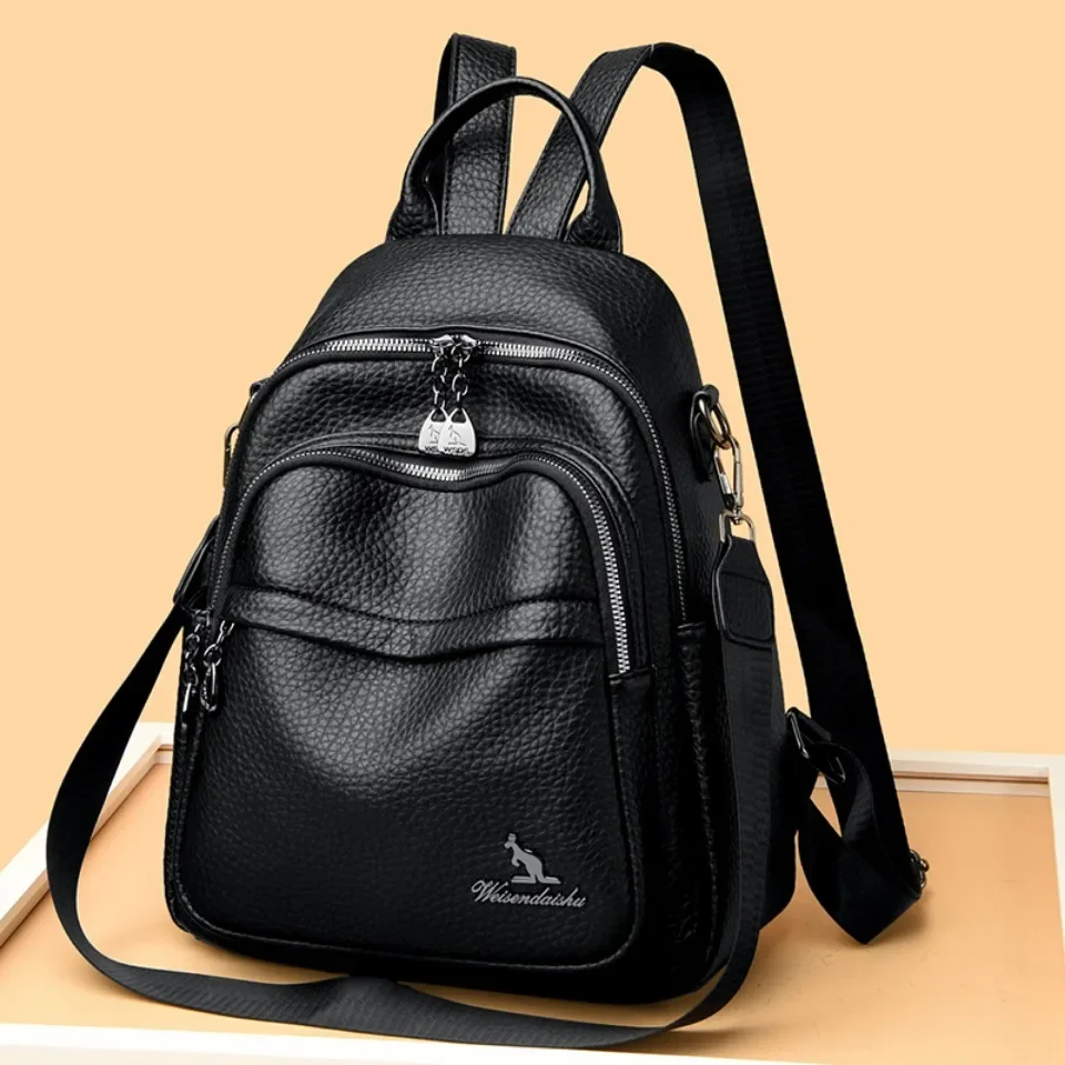 

Women's Soft Leather Backpack Student School Bag Female High Quality Rucksack Multi-functional Ladies Shoulder Bag Commuting Sac