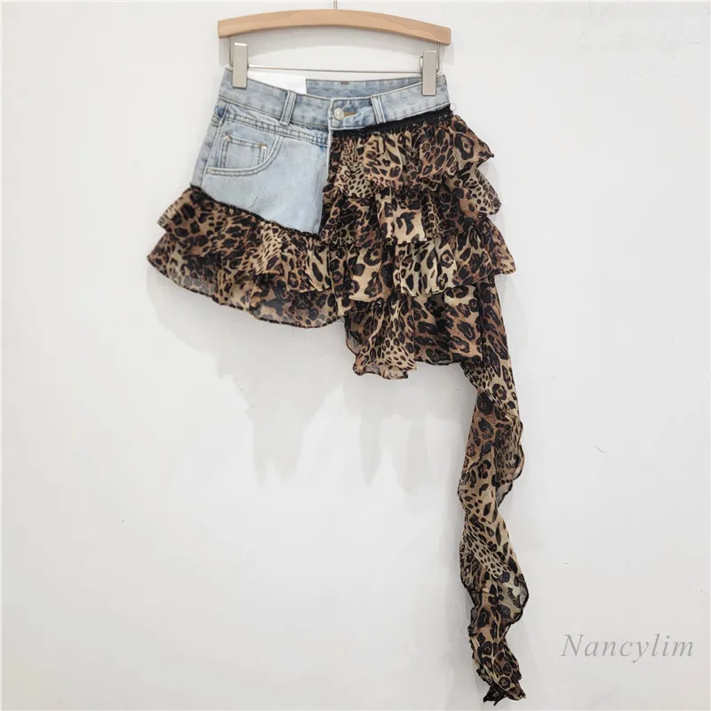 2024 Summer Design Leopard Splicing Denim Shorts Skirt Female Hot Girl Ribbon Cake Skirt Short Pantskirt for Women