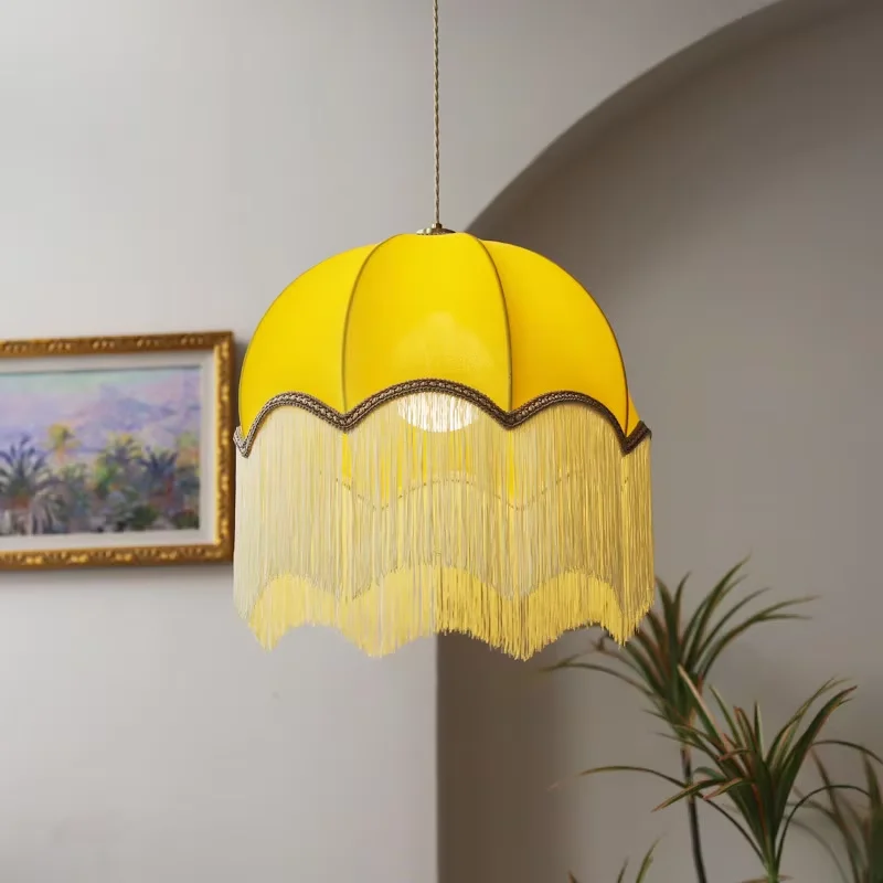Boho Colourful round fabric pendant light French Vintage Color Tassel Cloth Lampshade Chandeliers Home Decor Lighting Fixtures
