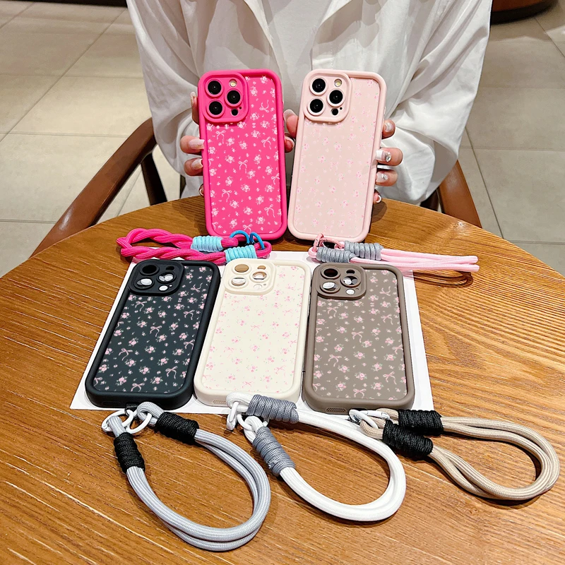 Rose Flower Bowknot Silicone Lanyard Rope Case For Xiaomi Redmi 12 13C Redmi Note 13 12 Pro Plus 5G 13 12S 11S 11 10S 10 Cover