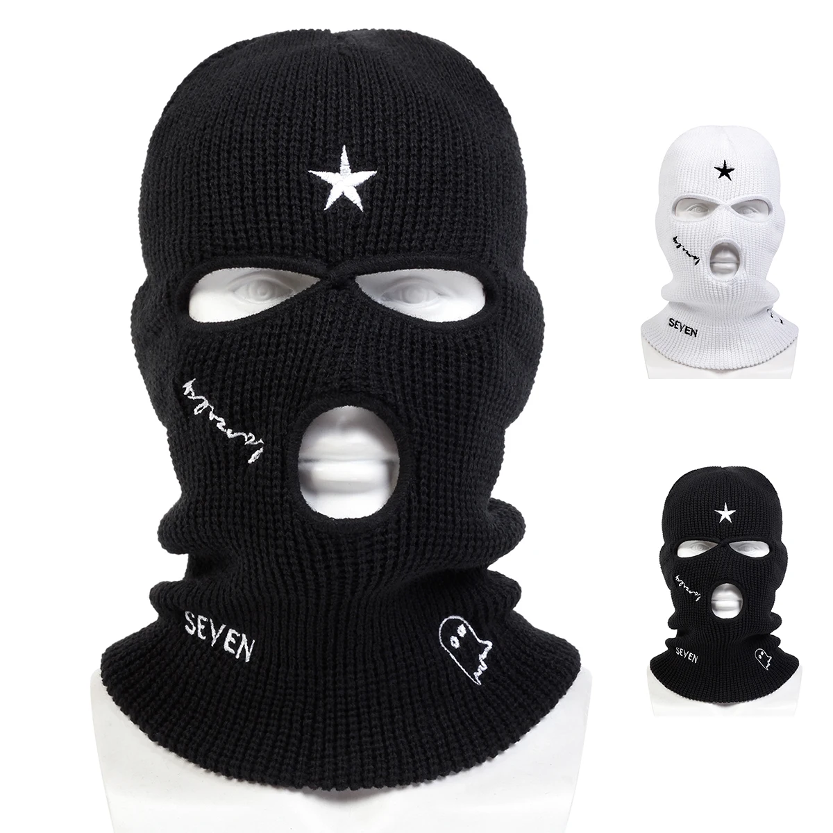 SEVEN Ghost Embroidery Masked Hats Protection Ear Warm Thick Knitted Hat Windproof Beanies for Outdoor Riding and Snow Activitie