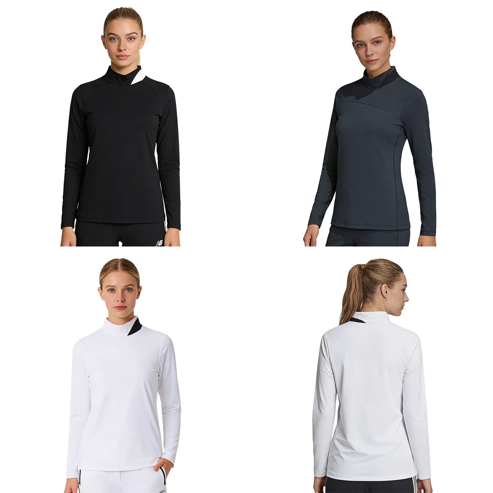 #S-3XL Women Golf Shirt Contrast Color Mock Neck Long Sleeve Quick Dry Breathable Sports Tops for Outdoor Sports Golfing Tennis